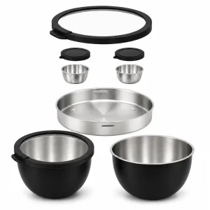 1.5QT 3QT QT Full Black Stainless Steel Salad Mixing Bowl Set with Glass Lid Tray Sauce Cups Custom Colors
