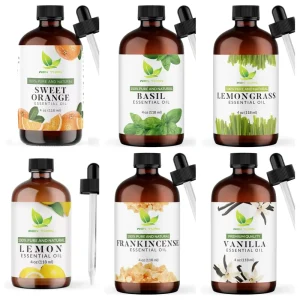 100% Pure Sweet Orange Basil Lemon Lemongrass Frankincense Vanilla Essential Oil 4 Fl Oz Hair Oil Glass Dropper Aromatherapy