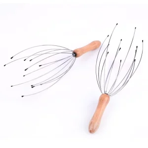12 Grip Octopus Acupoint Scalp Massager Wooden Handle Stainless Steel Wire Soul Extraction Tool for Stress Relief Spa Device