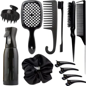 12 Pcs Detangling Brush Hair Brush Set with Spray Bottle Edge Brush Rat Tail Comb Hair Clip Styling Comb Set for Wet