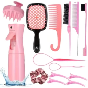 12pcs Complete Styling Hairbrush and Comb Set Spray Bottle Detangling Edge and Rat Tail Combs Scalp Massager Hair Brush Kit