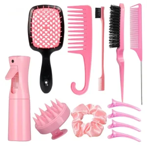 12pcs Hair Styling Comb Set Versatile Detangling and Teasing Combs Edge and Rat Tail Brushes Scalp Massager Spray Bottle