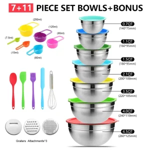 21 Piece Set Non-Slip Silicone Bottom Colorful Stainless Steel Mixing Salad Bowls