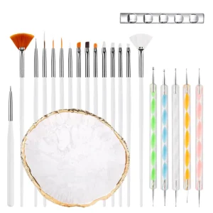 22PCS Nail Art Brush Dotting Pen Set Professional Nail Art Tools Kit with Resin Mixing Palette Brush Holder for Salon DIY