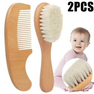 2PCS Handmade Baby Lice Comb Travel Hair Brush Set for Newborn Beechwood Lotus Wood Hairbrush Soft Goat Bristles Large