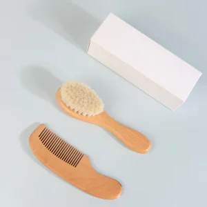 2pcs Set Baby Hair Brush Lice Comb Set Travel Friendly with Soft Goat Bristle Beech Lotus Wood Handle Handmade for Kids