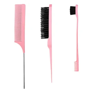 3-Piece Plastic Hair Comb Set with Pointy Tail Double Head Eyebrow Brush and Braid Loop Tool for Hair Styling