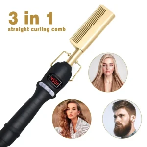 3 in 1 Professional Electric Hot Comb Hair Straightener With LED Display Heat Pressing Combs Rhinestone Ceramic Ltd