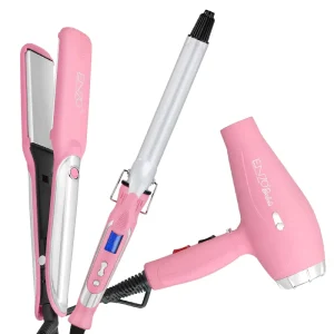 3 in 1 Styler Tool Professional Pink Hair Straightener Curler Styling Tools Hair Straightener One Step Hair Dryer Set