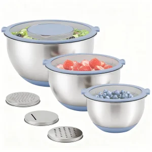 3pcs Mixing Bowl Set With Visible Lids 3 Grater Attachments Stainless Steel Salad Bowls for Kitchen Prep and Baking