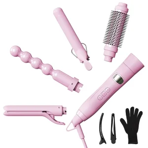 4 Interchangeable Thermal Brush Ceramic Hair Curling Wand Flat Iron Curler Comb Set Long Lasting Straight Curls Hair Styler