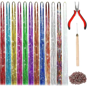 47 Inches Remy Malaysian Tinsel Hair Extension Tool 2400 Strands 12 Mixed Colors Glitter Tinsel Kit