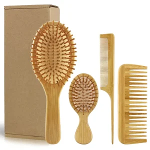 4PCS Wood Hair Brush Set with Nylon Wide tooth Tail Comb and Paddle Detangling Hairbrush