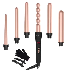 6 in 1 Professional Hair Curling Wand Styling Tools Flat Irons Interchangeable Ceramic Rose Gold Hair Curler Curling Iron Set
