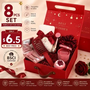 8PCS Spa Gift Box for Women Self Care Gift Set with Hair Brush Makeup Brushes Cleansing Brush Towel and Satin Scrunchie