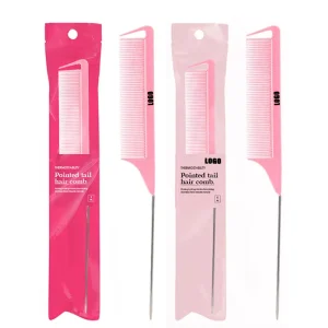 ADD LOGO Package Brown Plastic Heat Resistant Precision Sharp Parting Rat Tail Braiding Hair Comb With Metal Handle for Salon