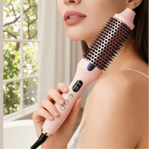 Adjustable Temperature Pink Electric Hair Curl 360 Degree Rotating Hair Dryer Brush Round Volumizing Brush
