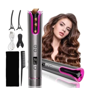 Automatic Cordless Ceramic Hair Curler with PTC Heater LCD Temperature Display Portable USB Power Source for Household Use