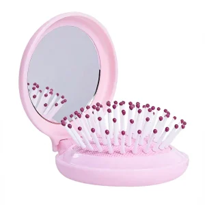 Baby Pink Portable Folding Hair Brush with Mirror Air Cushion Massage Comb Travel Compact Hairbrush for Women