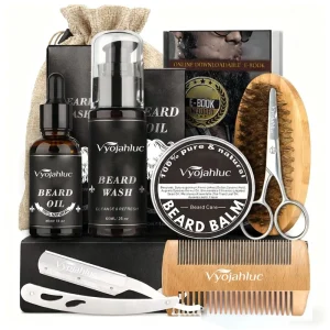 Beard Growth Kit Wooden Beard Brush Comb Beard Oil Serum and Balm for Men Grooming Care Gift Set