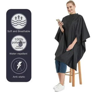Black Color Polyester Pongee Salon Hairdressing Styling Barber Cape with Hand Holes Hair Cutting Cape Apron with Snaps Closure