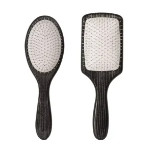Black Wooden Hairbrush with Paddle Stainless Steel Bristle for Detangling and Scalp Massage