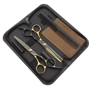 Black and Gold Professional Hair Cutting Thinning Shears Hairdressing Comb Standard Scissors Set Scissors Kit