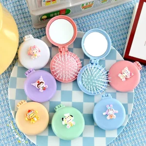 Cartoon Folding Air Cushion Comb with Mirror 2-in-1 Portable Massage Hairbrush for Girls Kids