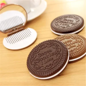 Chocolate Sandwich Biscuit Makeup Mirror Comb Cute Princess Portable Makeup Mirror Folding Round Mirror Hair Styling Tool