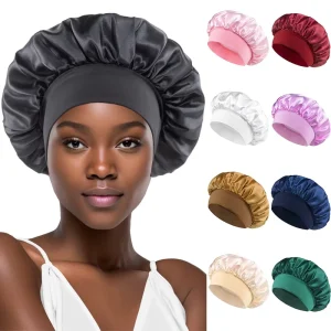 Classic European and American Style Solid Color Bath Cap, Cross-border Fashion Satin Wide Brim Sleeping Cap, Women’s Hair Care