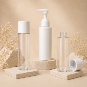 Clear Empty Round PET Bottle in Various Sizes With Screw Lid and Pump Collar Ideal for Shower Gel and Hand Wash