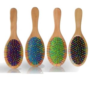 Colorful Detangling Paddle Hair Brush Wooden Handle Anti Static Scalp Massage Rainbow Nylon Pin Hairbrush for Wet & Dry Hair