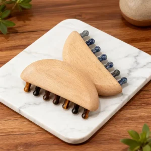Colorful Natural Healing Stone Massage Jade Scalp Comb with Wooden Handle Head Guasha Wooden Comb for Gift