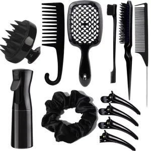Custom 12 Pcs Hair Brush Set Wet and Dry Curly Detangling Hair Brush Plastic Styling Comb Set With Spray Bottle