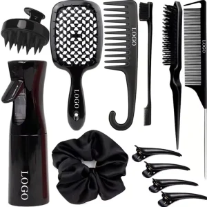 Custom 12 Pcs Hair Brush Set Wet and Dry Curly Detangling Hair Brush Plastic Styling Comb Set with Spray Bottle