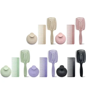 Custom 3pcs Eco friendly Wheat Straw Matt Detangler Brush Scalp Massager Shampoo Brush Wide Tooth Comb Sets Wet Dry Hair Brush