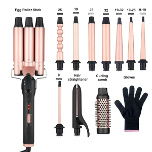 Custom Ceramic Coating Interchangeable Curling Iron 11 in 1 Triple LED Hair Curler Roller Hot Brush Comb Tools Set