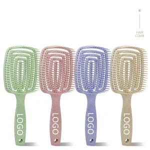 Custom Logo ABS Paddle Hollowing Out Flexible Hairbrush Wheat Straw Curved and Vented Detangling Curve Vent Detangle Hair Brush
