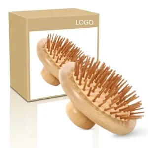 Custom Logo Bamboo Hair Brush Round Hair Growth Natural Wooden Scalp Brush With Bamboo Bristles Detangling Hairbrush for Women