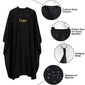 Custom Logo Black Waterproof Hair Salon Cape Barber Salon Cape Styling Cape Gown with Snap Buttons