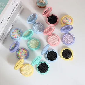 Custom Logo Girls Portable Round Mini Foldable Hairbrush Folding Pocket Hair Brush With Mirror for Purse
