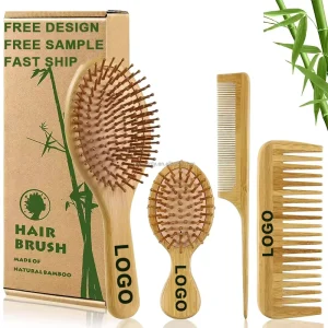 Custom Logo Hair Brush Wide Tooth Detangler Eco Friendly Natural Bamboo Wood Bristle Scalp Massage Self Cleaning Round Comb Set
