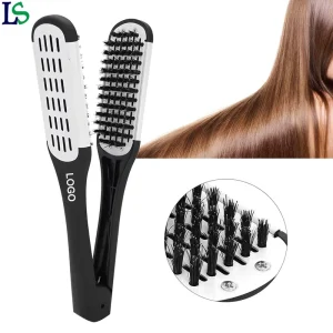 Custom Logo Hairdressing Hair Straightener Nylon Boar Bristles Not Hurt Styling Tools Double Brushes V Shape Comb Clamp