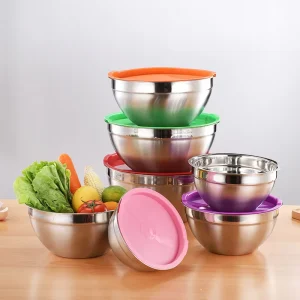 Custom Logo Modern Design Colorful Stainless Steel Nesting Mixing Bowls Sustainable Lid Non Slip Bottoms Salad Bowl for Kitchen