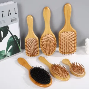 Custom Logo Natural Bamboo Airbag Comb Set Wooden Paddle Detangling Hair Brush Bamboo Handle Massage Hairbrush