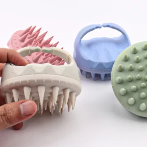 Custom Logo Silicone Shampoo Scalp Shower Hairbrush with Wheat Straw Handle Cushioned Compact Beauty Barber Tool
