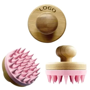 Customizable Logo Bamboo Wood Silicone Hairbrush Shampoo Massage Bath Spa Brush with Cushion and Rubber Handle