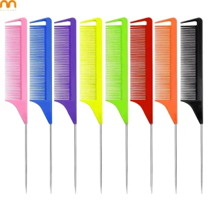 Customized Private Label Pink Hair Tinting Parting Comb Salon Styling Metal Pin Rat Tail Carbon Braiding Comb for Women