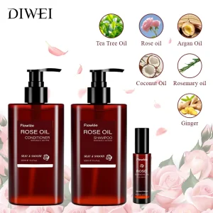 DIWEI Private Label Shampoo Anti Frizzy Hair Strengthening Rose Oil Essence Fragrance Shampoo Conditioner Hair Serum