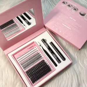 DIY Lash Extension Kit Custom Logo Private Label 9-16mm Clusters Lashes with Bond Seal Remover Tweezer for Home Salon